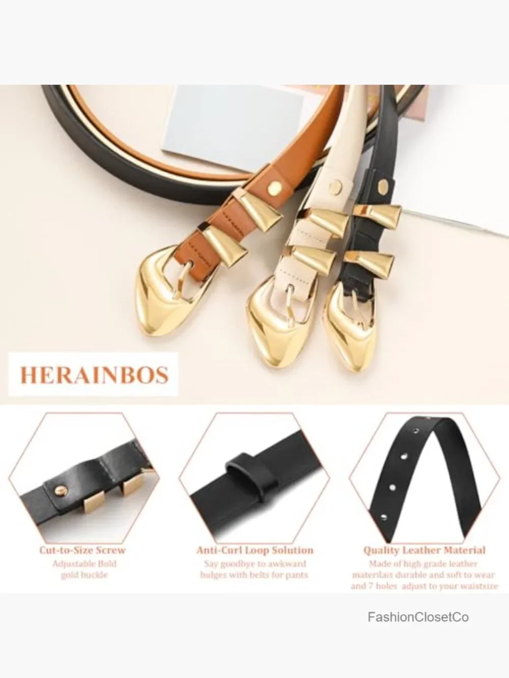 Skinny PU Leather Belt with Gold Buckle, Adjustable 1